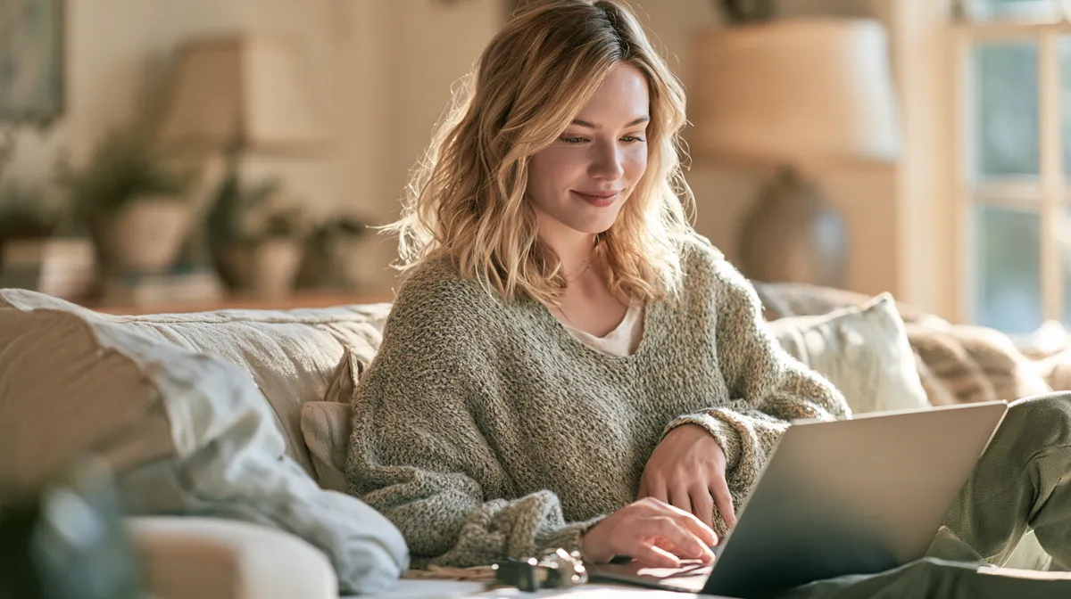 Relaxed American woman completing a road loan application on a laptop at a sunny kitchen table