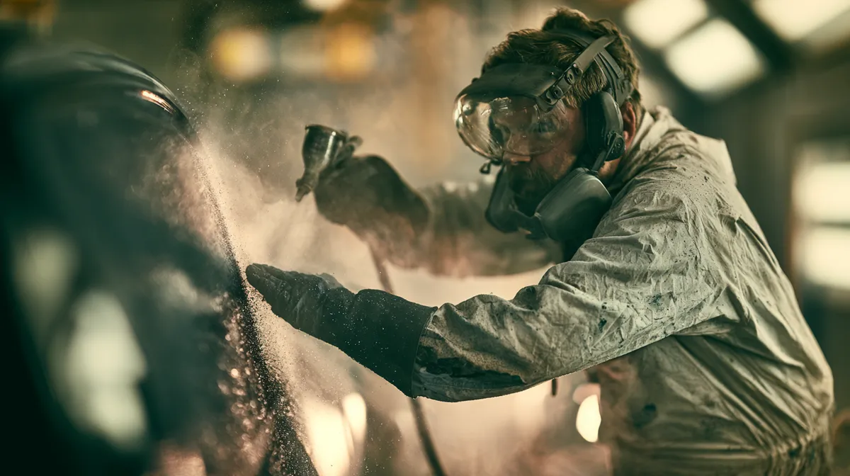 Auto body technician spraying fresh paint on a car panel in a professional booth
