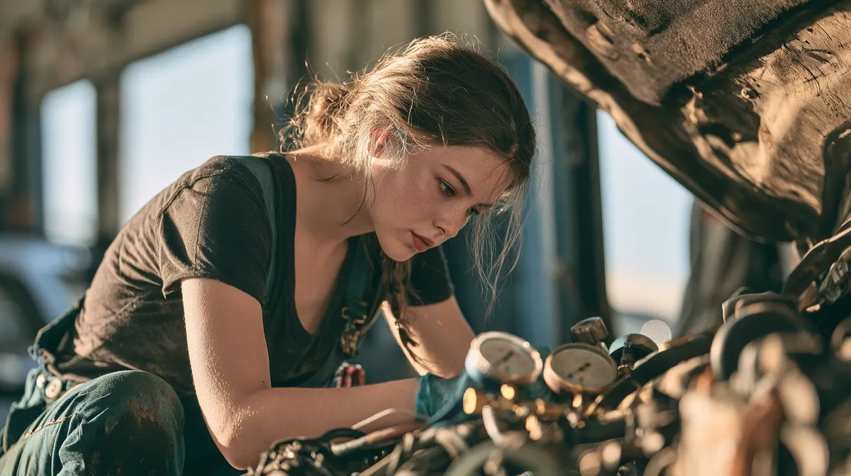 Female mechanic checking air conditioning gauges under an SUV hood in a bright repair shop