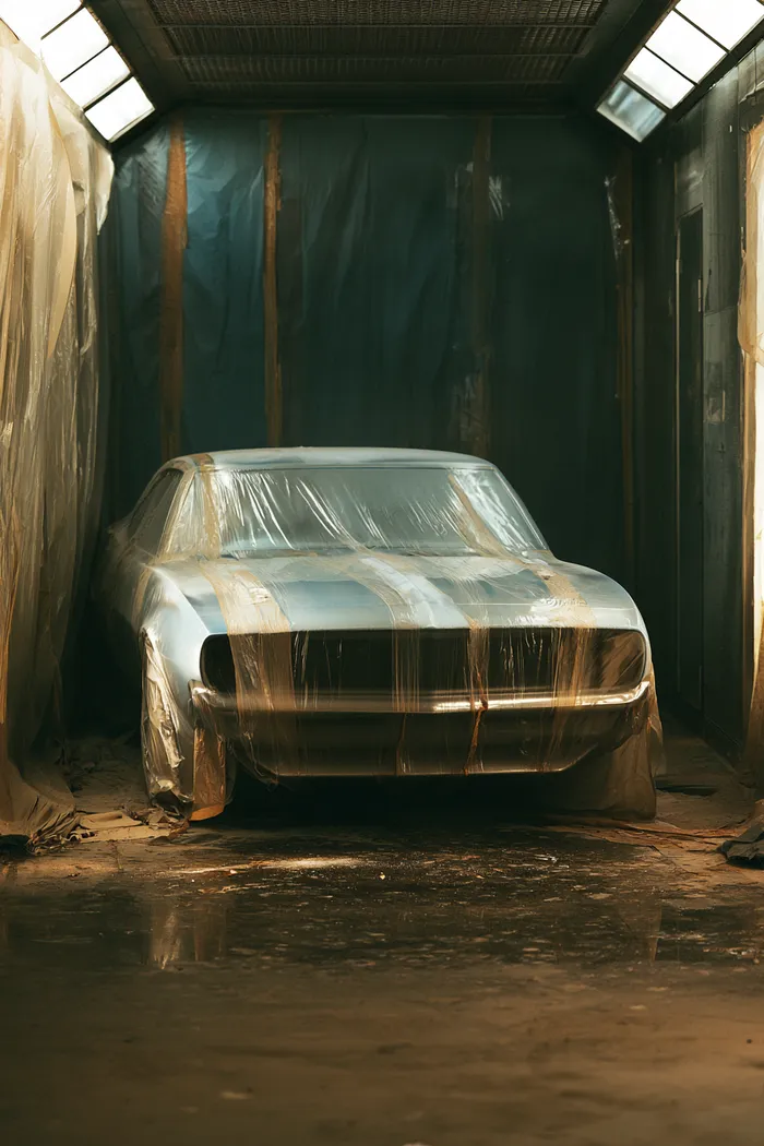 Car masked in taped paper sheets awaiting paint inside a professional booth