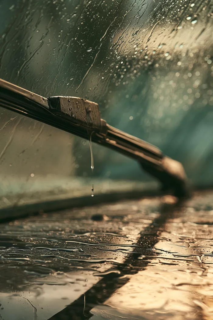 Rain beading on a brand new windshield with a wiper mid-swipe showing fresh clarity