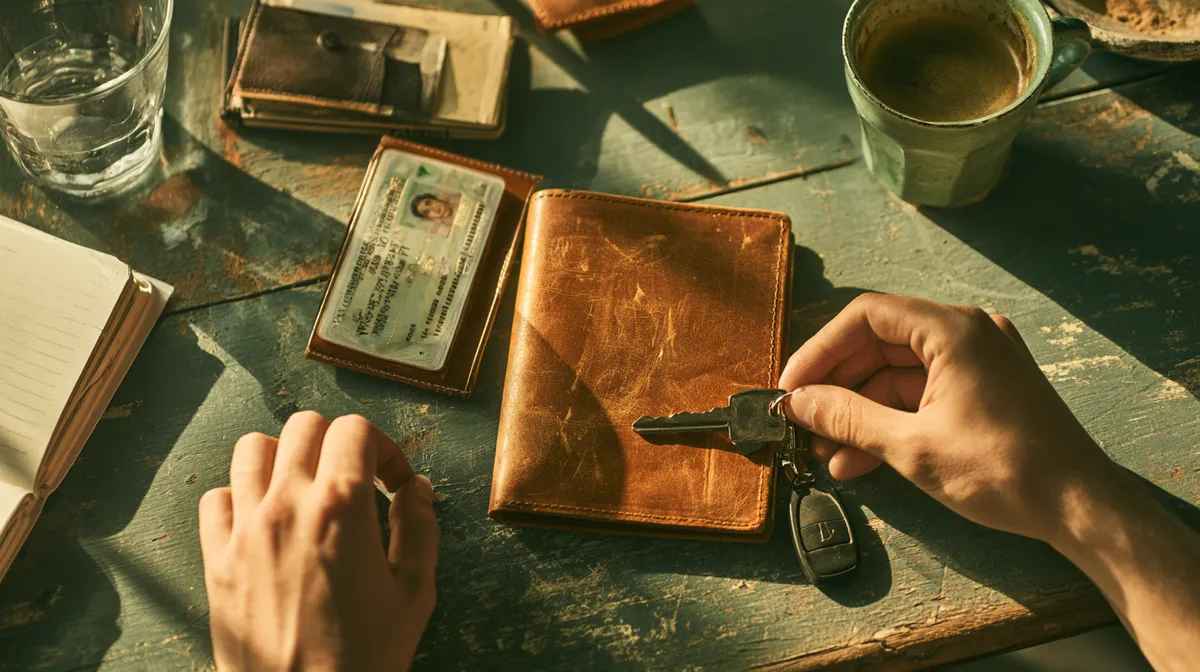 Driver license, checkbook and car key arranged neatly while preparing a road loans eligibility file