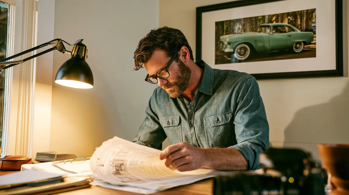 American man reviewing printed loan documents at a home desk while researching road loans rates