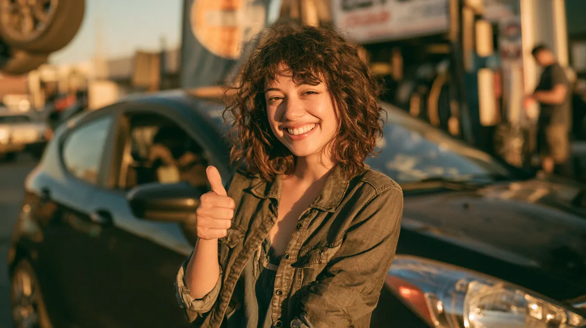 Happy American woman giving a thumbs up beside her repaired car outside a service bay
