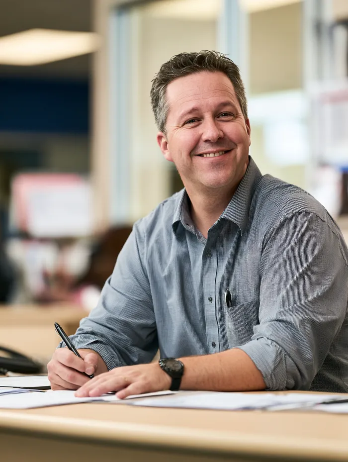 American man signing personal loan paperwork at a service desk with relaxed confidence