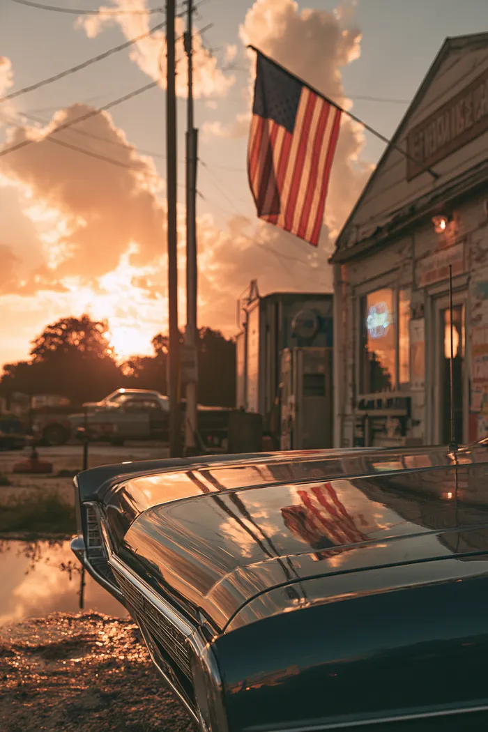 Sunrise reflecting on a polished sedan hood outside a small American repair shop after road loans funded the work