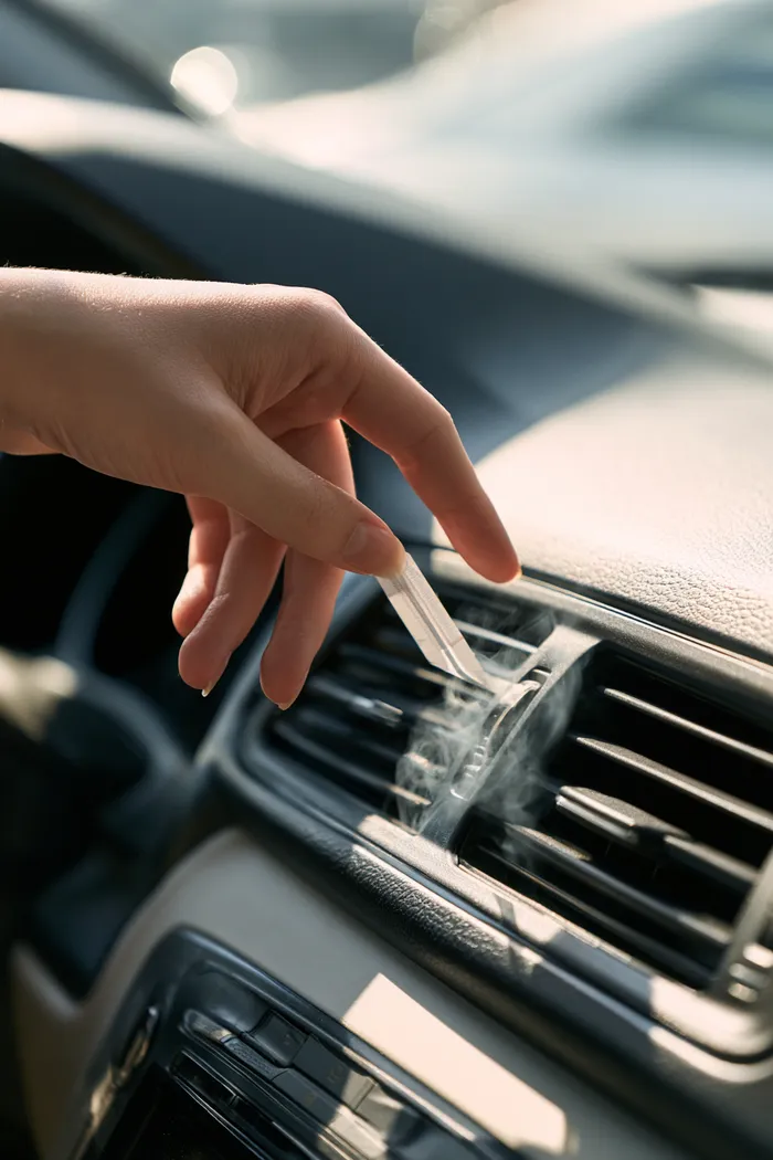 Hand testing cold air from a dashboard vent with a thermometer strip in a bright cabin